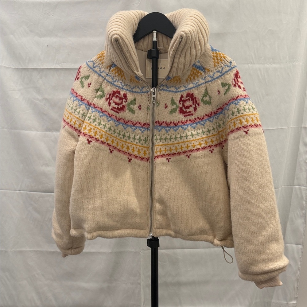 Blank NYC Cream Ski Jacket with Colorful Patterns